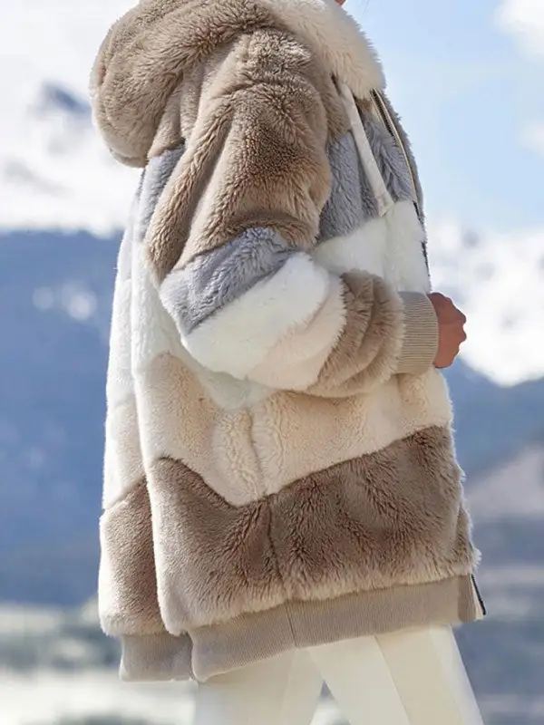 Loose Plush Multicolor Hooded Coat