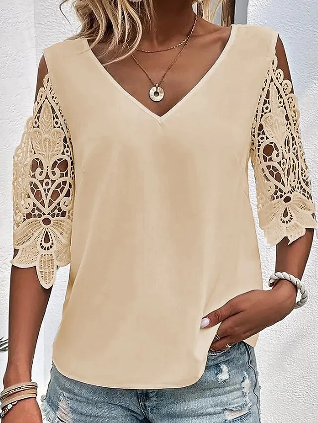 Women's Blouse White Pink Blue Plain Lace Cut Out Half Sleeve Daily Weekend Fashion Basic Elegant V Neck Regular Fit