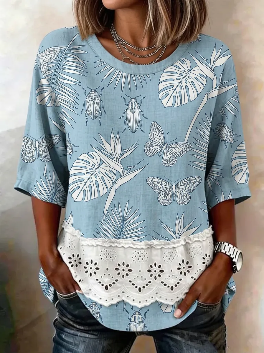 Women's Nashville Nature Lover Butterfly Beetle Printed Lace Trim Top