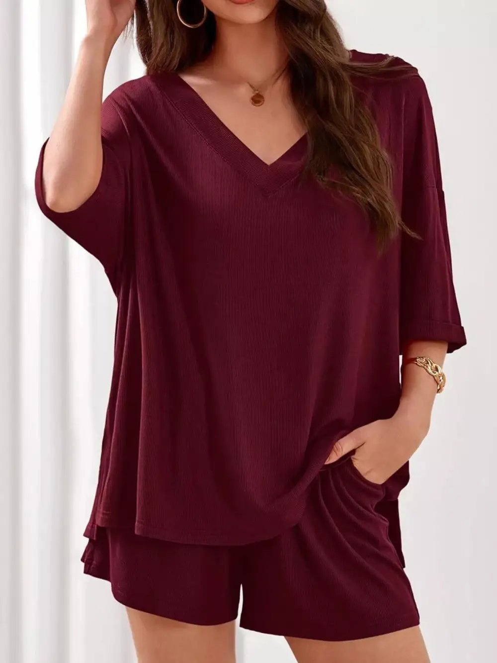 Casual V Neck Top Shorts Set