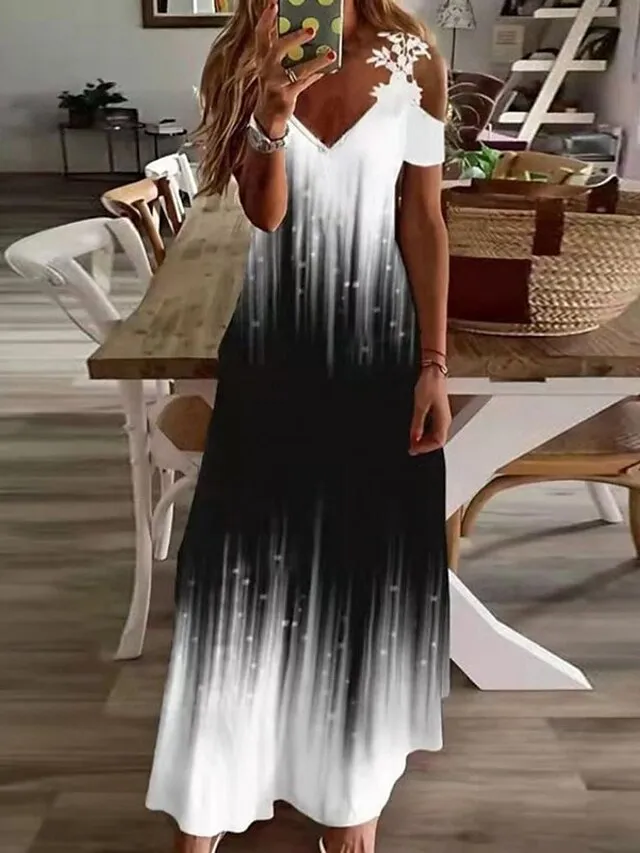 Women's Casual Dress Floral Dress Long Dress Maxi Dress Black White Blue Short Sleeve Floral Cold Shoulder Spring Summer V Neck Fashion Daily Vacation Weekend 2023 S M L XL XXL 3XL