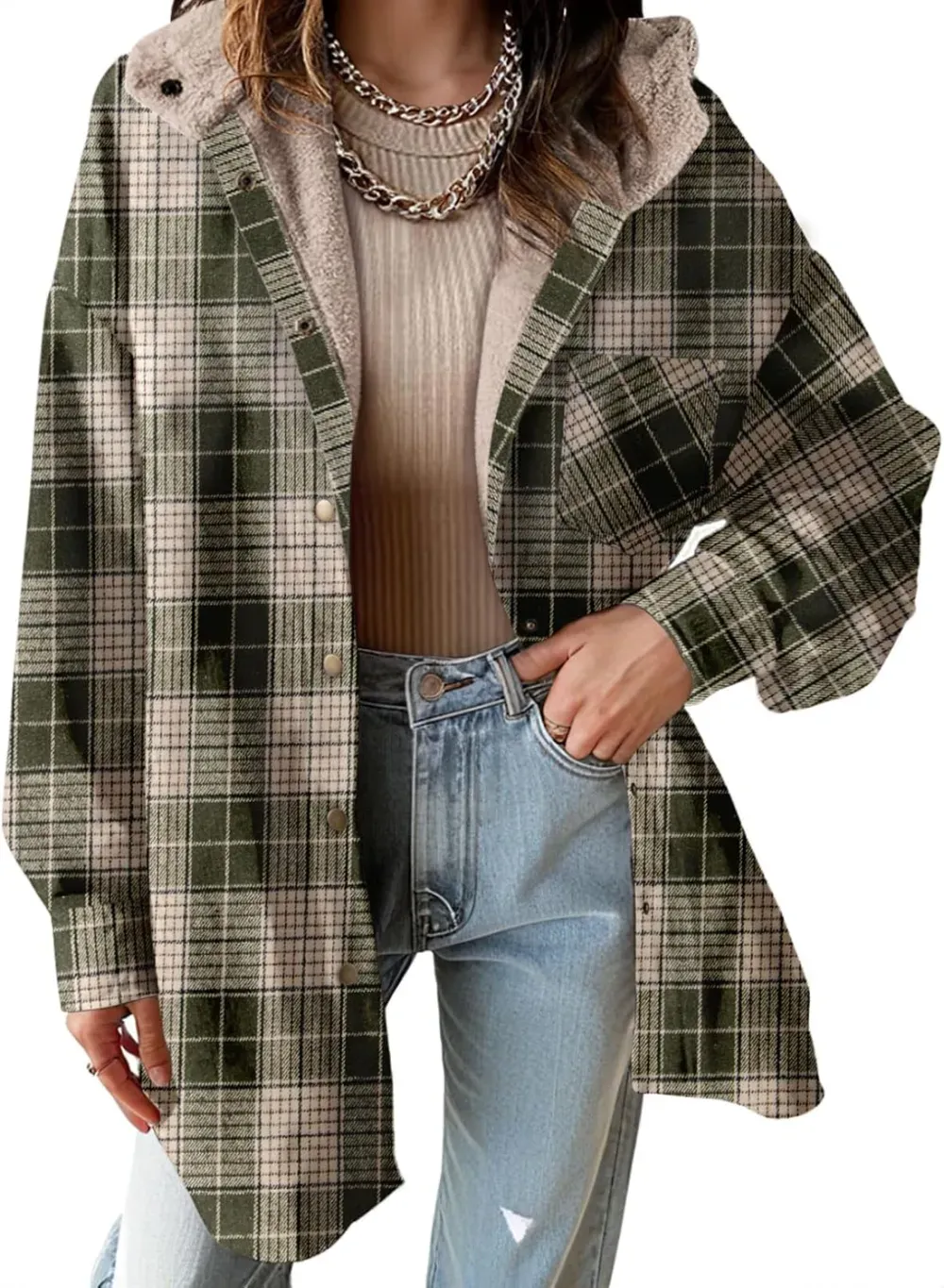 Women's Flannel Hooded Plaid 2025 Shacket Thick Coat Winter Coat for Warmth Button down Warm and Fuzzy Fleece Jacket