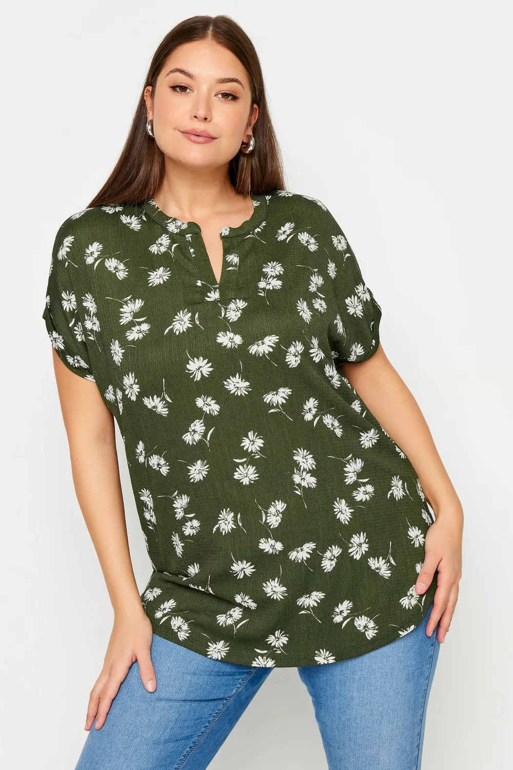 YOURS Curve Khaki Green Floral Print Notch Neck Blouse