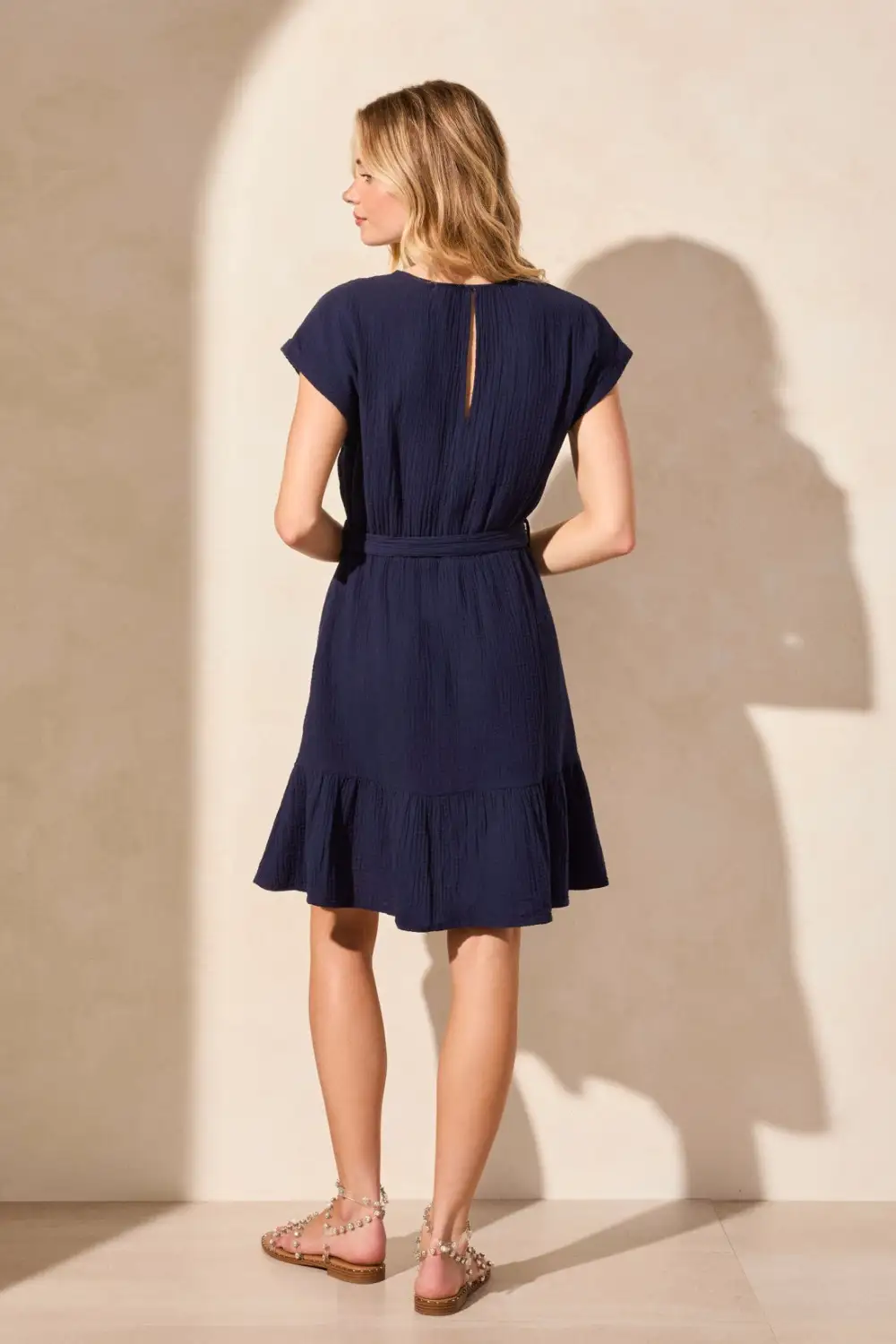 Cotton Gauze Cap Sleeve Dress With Waist Tie-Nautical