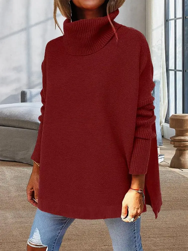 Midi Bat Sleeve Hem Tunic Sweater Knitted In A Turtleneck Sweater