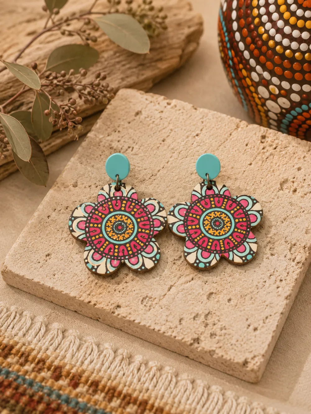 Indigenous Style Wooden Retro Art Geometric Printed Earrings