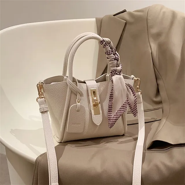 Women's Handbag PU Leather Party Daily Zipper Large Capacity Waterproof Breathable Solid Color Cream white Beige + silk scarf