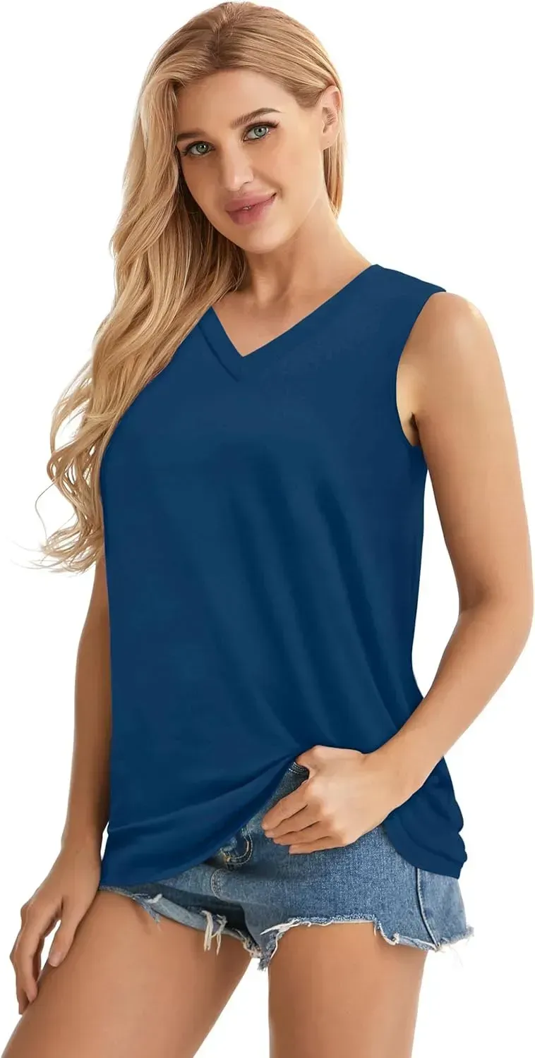 Summer Tops for Women Sleeveless V Neck Tshirt Loose Fit Casual Tank Tunic Blouse