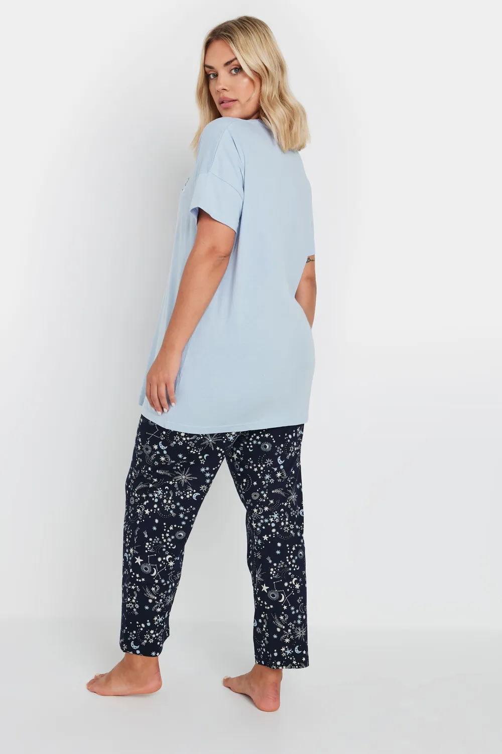 YOURS Curve Blue 'Starry Night' Star Print Wide Leg Pyjama Set