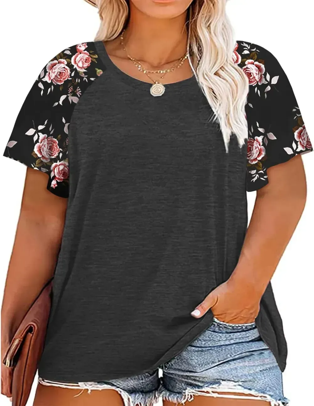 HDLTE Womens Plus Size Tops Floral Bell Sleeves Blouses Summer Crewneck Tunic Loose Casual T Shirts
