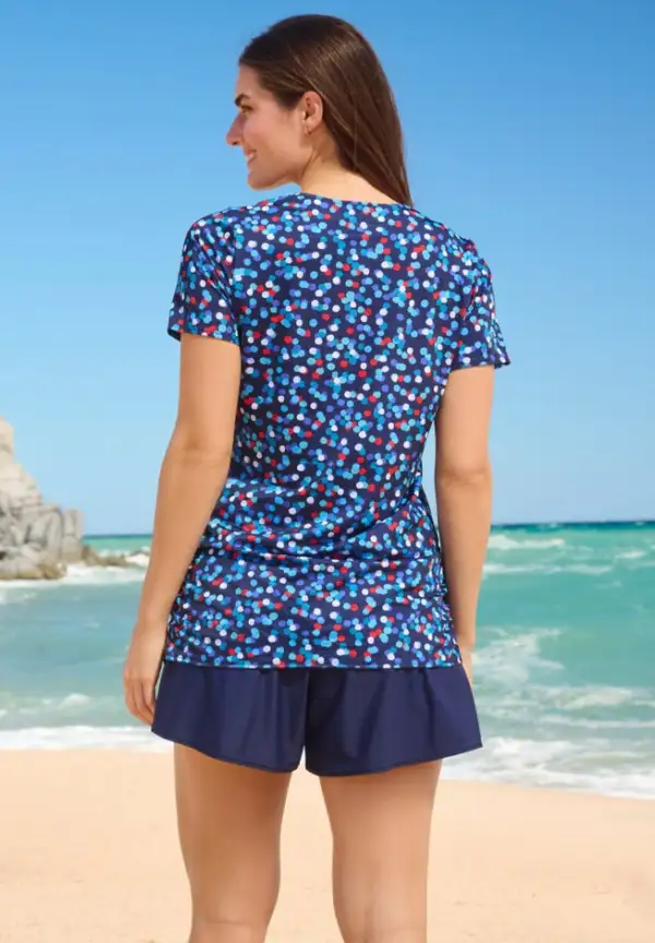 Split-Neck Short Sleeve Swim Tee with Built-In Bra