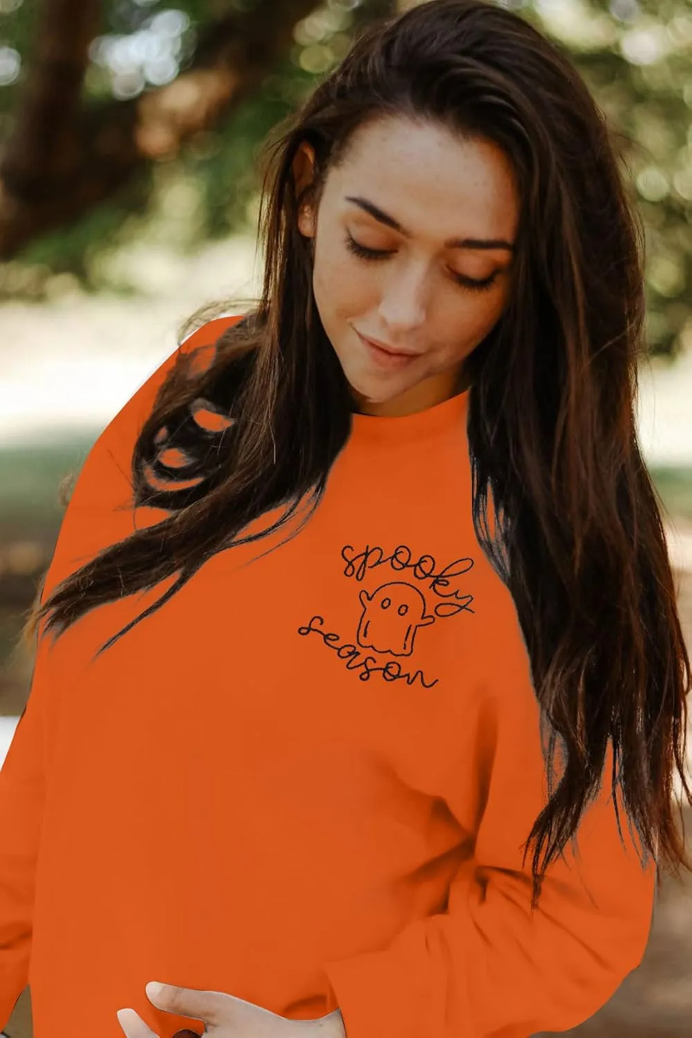 LOTUCY Halloween Sweatshirt Women Cute Spooky Season Sweatshirts Ghost Fall Embroidered Sweater Pullover Top