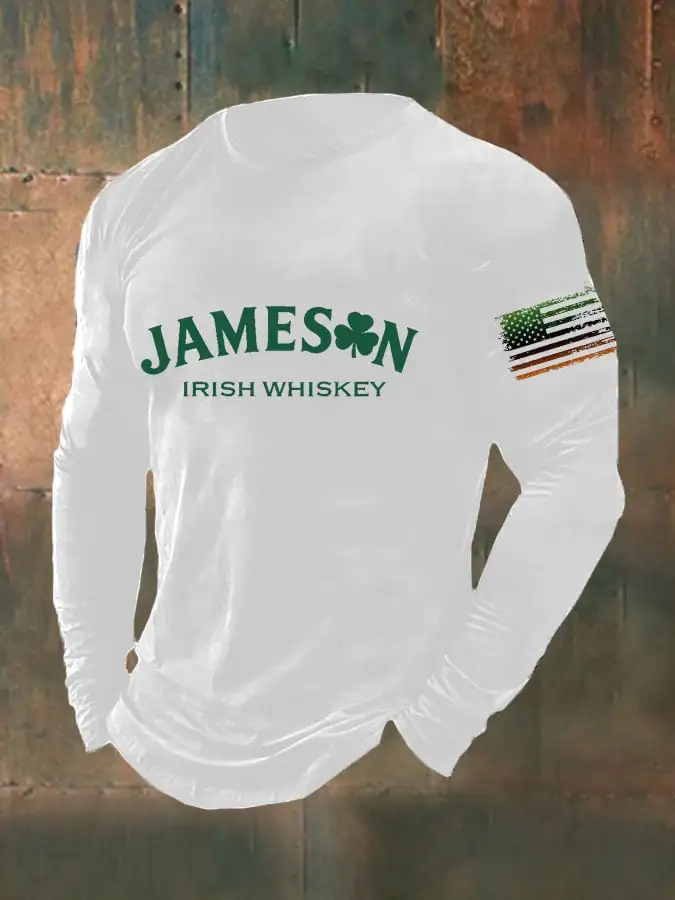 Men's St. Patrick’s Day Jameson Irish Whiskey Print Casual Long Sleeve T-Shirt