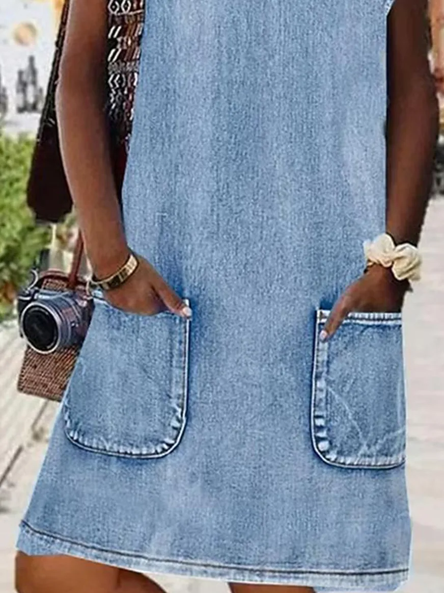 Washed Denim Button Front Sleeveless Mini Dress