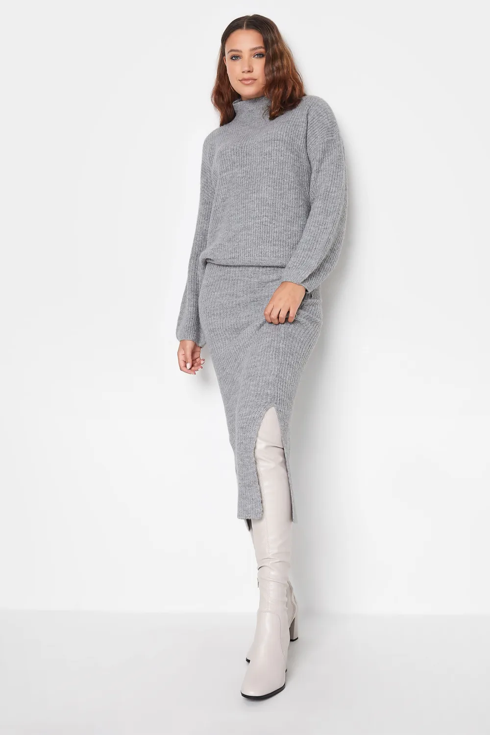 LTS Tall Grey Funnel Neck Knitted Jumper