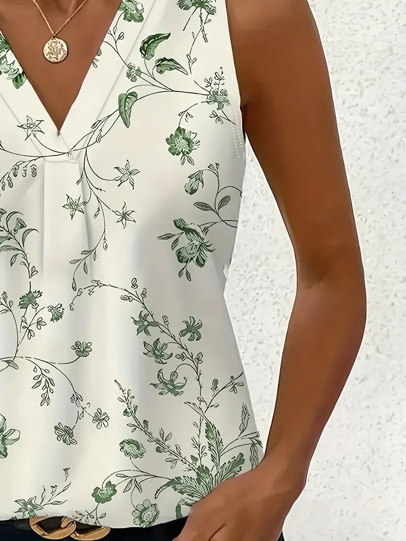 Women'S Floral Print Sleeveless V-Neck Vest, Elegant Polyester Knit Fabric, Regular Fit, Stretch Pullovers for Spring/Summer/Fall, Casual Weekend Wear