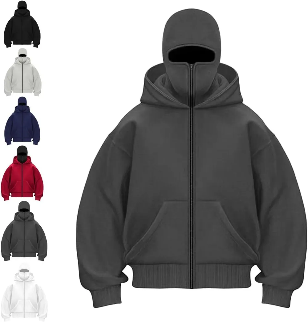 Unisex Hoodie with Built-In Eye Mask, Double Hooded Hoodie, Full Zip Hooded Sweatshirt for Cold Weather