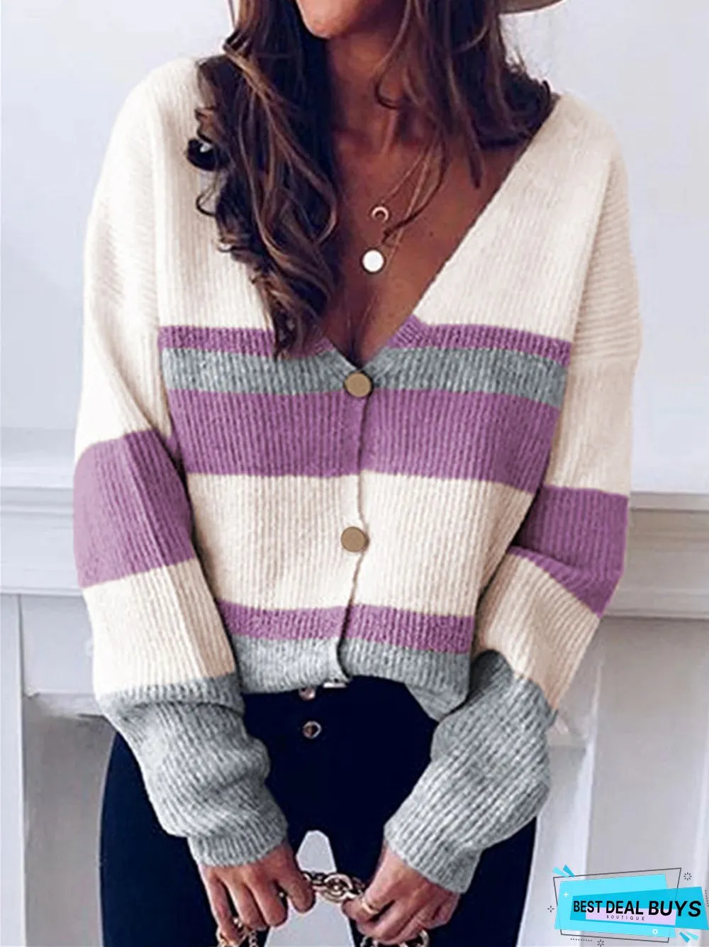 V-Button Striped Stitching Cardigan Sweater