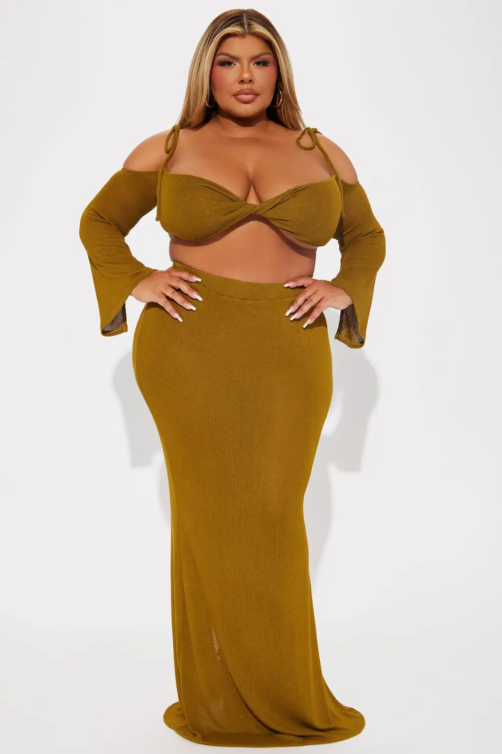 Sunset Vibe Crochet Skirt Set - Olive