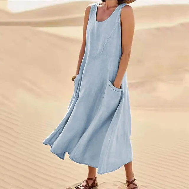 Women‘s Casual Dress Cotton Dress Shift Dress Midi Dress Blue Pink Khaki Sleeveless Pure Color Pocket Spring Summer Crew Neck Basic Daily Vacation Weekend Loose Fit 2023 S M L XL XXL