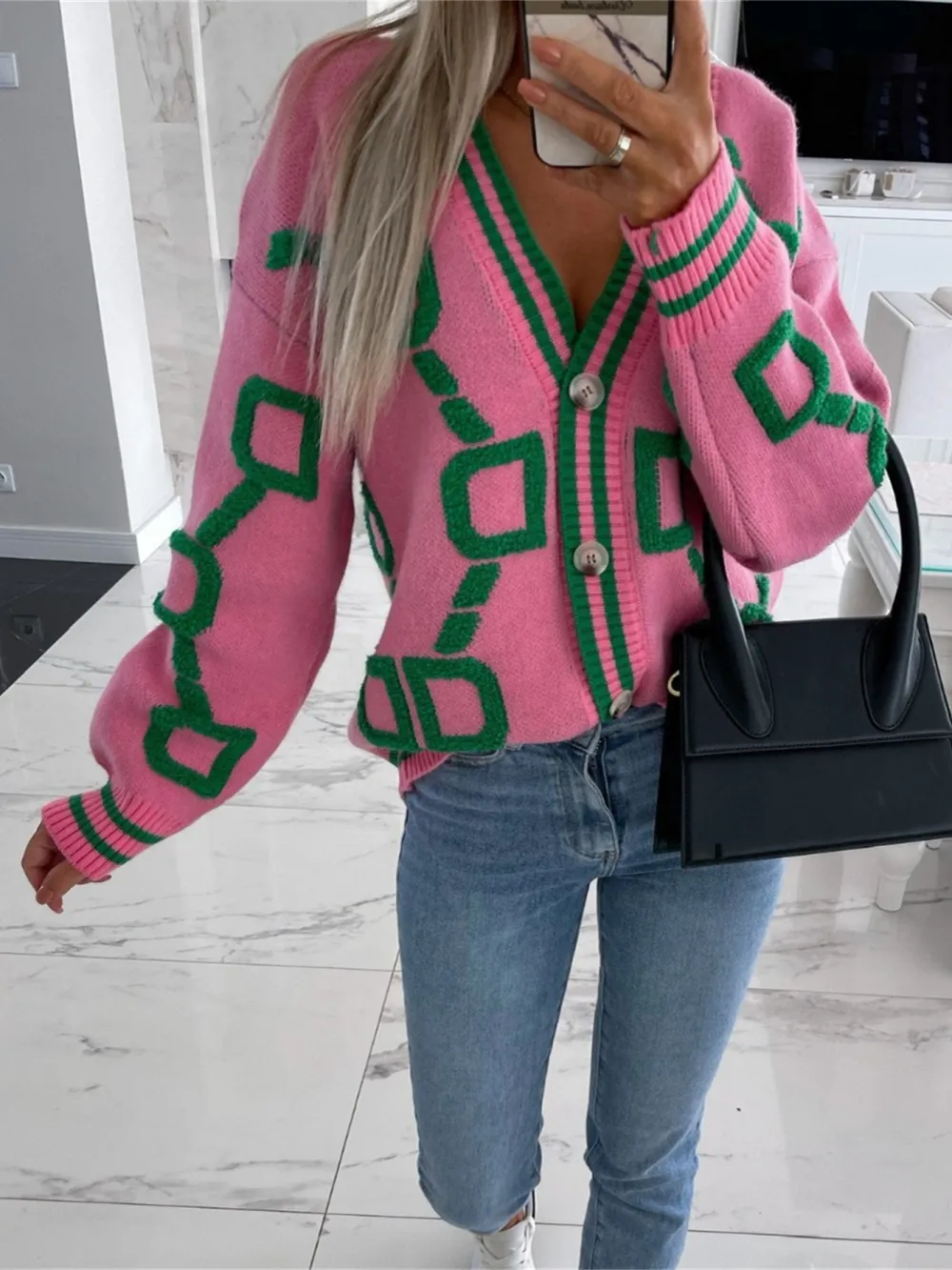 High Contrast V Neck Button Up Cardigan