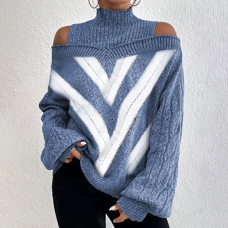 High Collar Geometric Contrast Color Knit Sweater