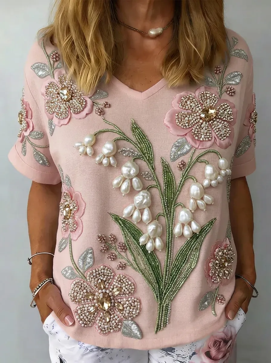 Women's Nashville Floral Pearl Beaded Embroidered Printed T-shirt