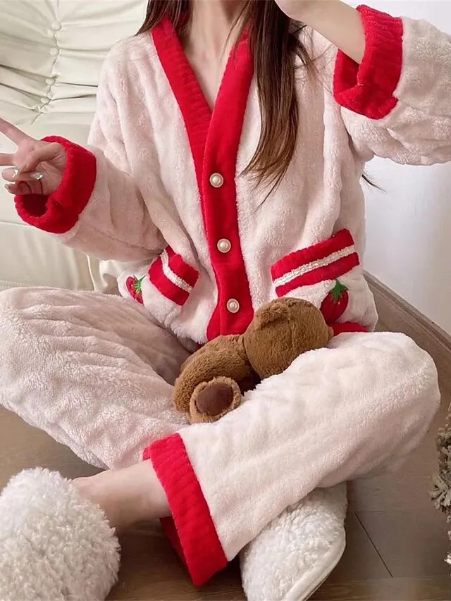 Women's Fleece Fluffy Fuzzy Warm Pajamas Sets Fruit Fashion Casual Comfort Home Daily Bed Flannel Warm V Wire Long Sleeve Cardigan Pant Button Pocket Fall Winter Pink Red