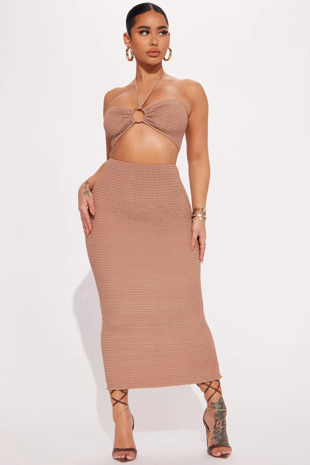 Susie Smocked Skirt Set - Taupe