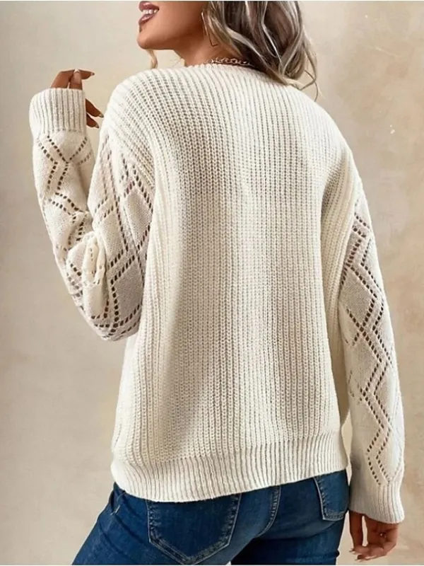 Women's Pullover Sweater Jumper V Neck Ribbed Knit Lace Spring Fall Daily Elegant Long Sleeve Solid Color Black White