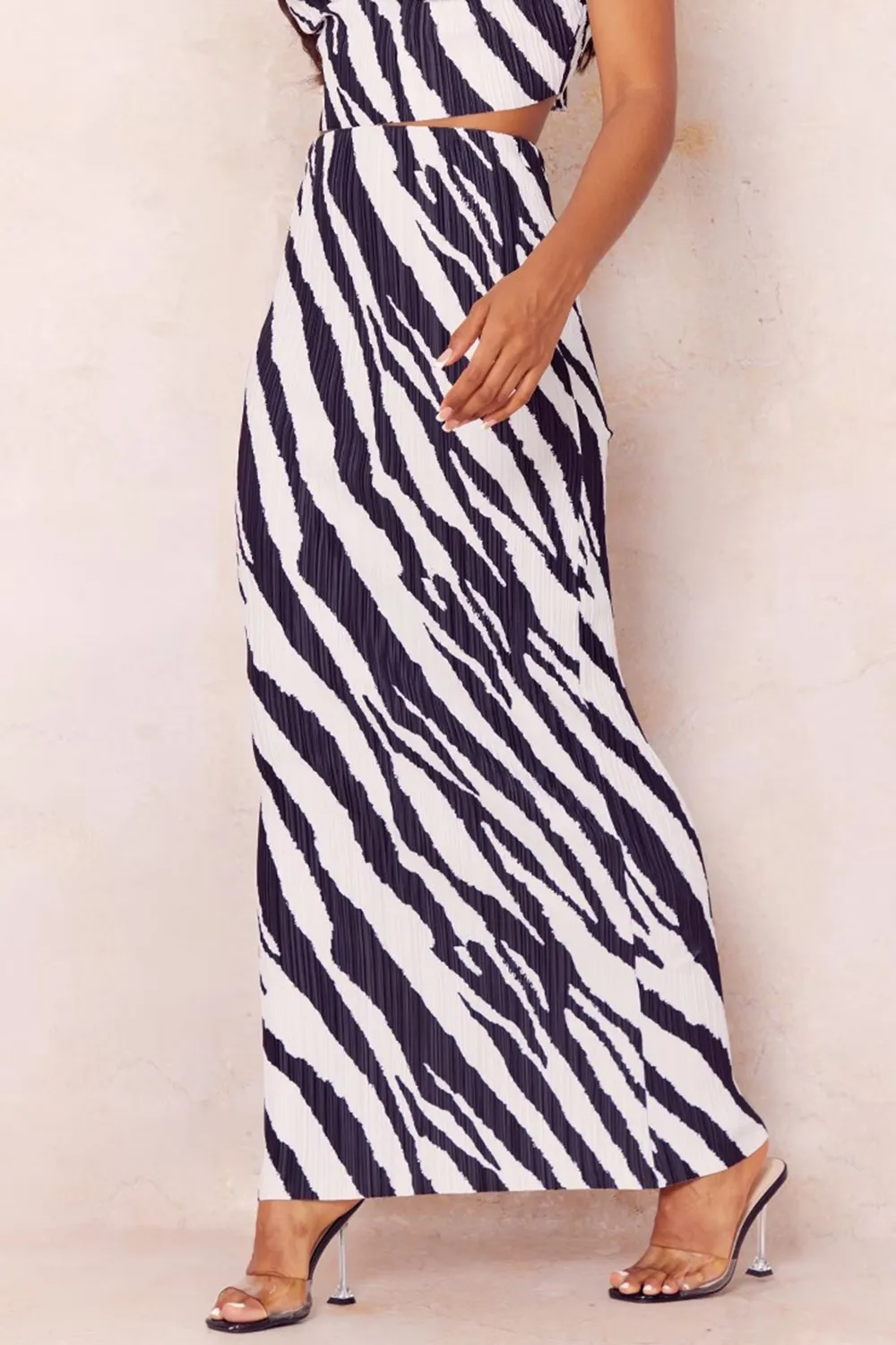 Black Zebra Print Plisse Strappy Cowl Neck Top And Skirt Set