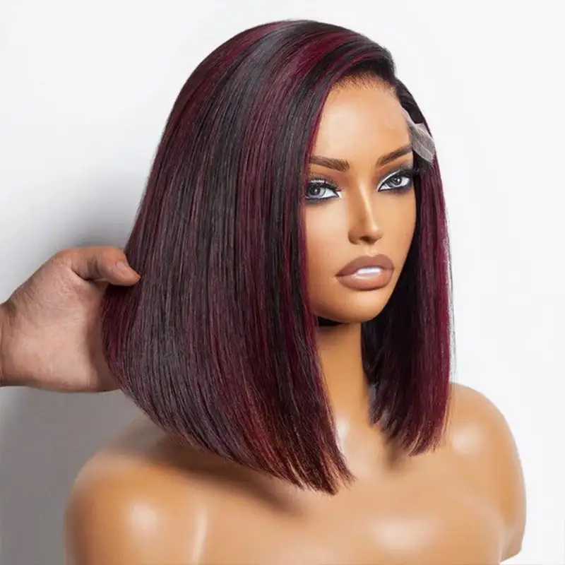 Sterly Dark Red Highlights Silky Blunt Cut Straight Bob Wig