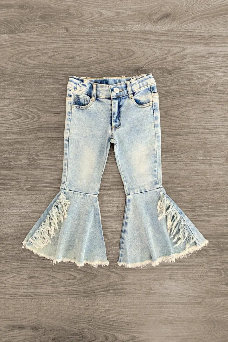 Bleached Denim Fringe Bell Bottom Jeans