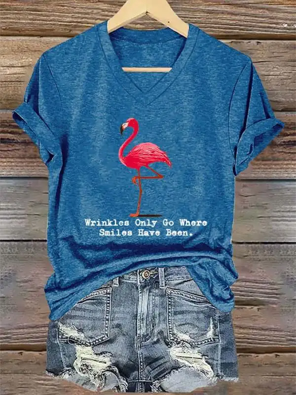 V-Neck Retro Flamingo Wrinkles Only Go Where Smiles Have Been Print T-Shirt