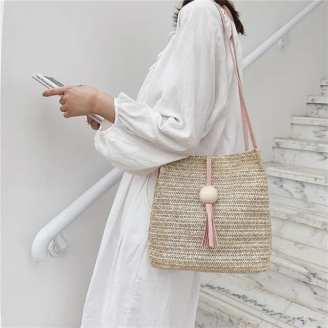 Women's Shoulder Bag Straw Bag Straw Shopping Daily Large Capacity Waterproof Breathable Solid Color Pink Fuchsia Brown