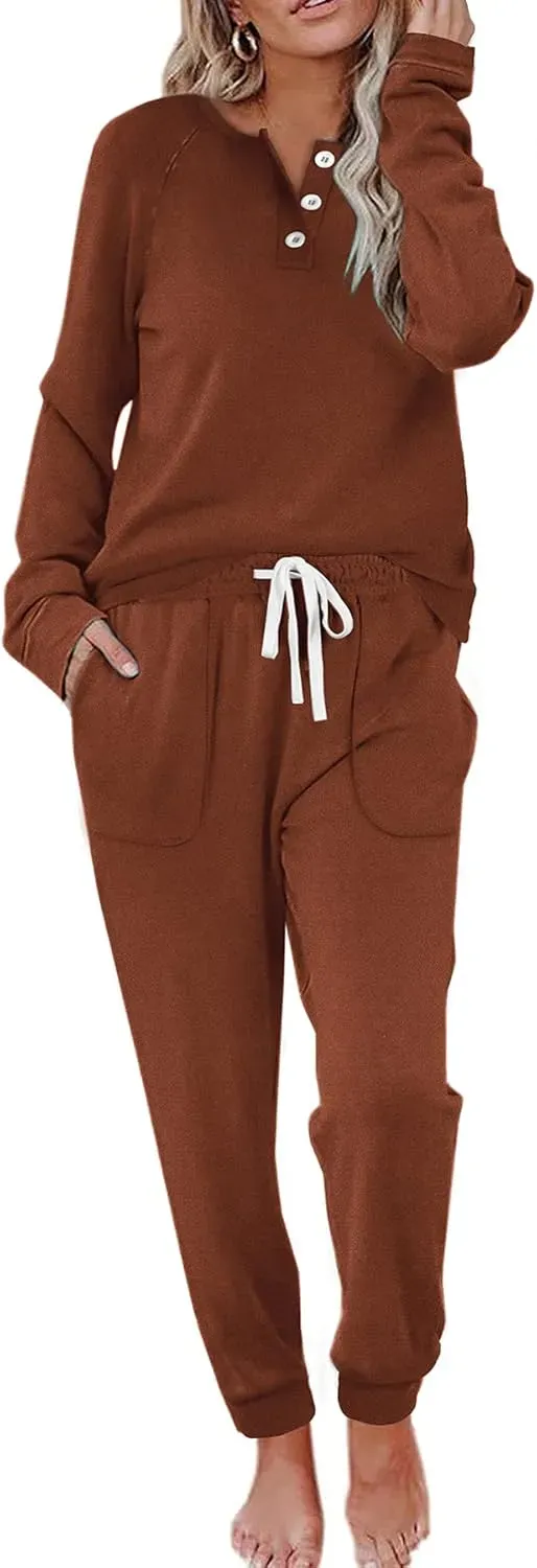 Two Piece Outfits for Women Lounge Sets Button Down Sweatshirt Sweatpants Sweatsuits Set with Pockets