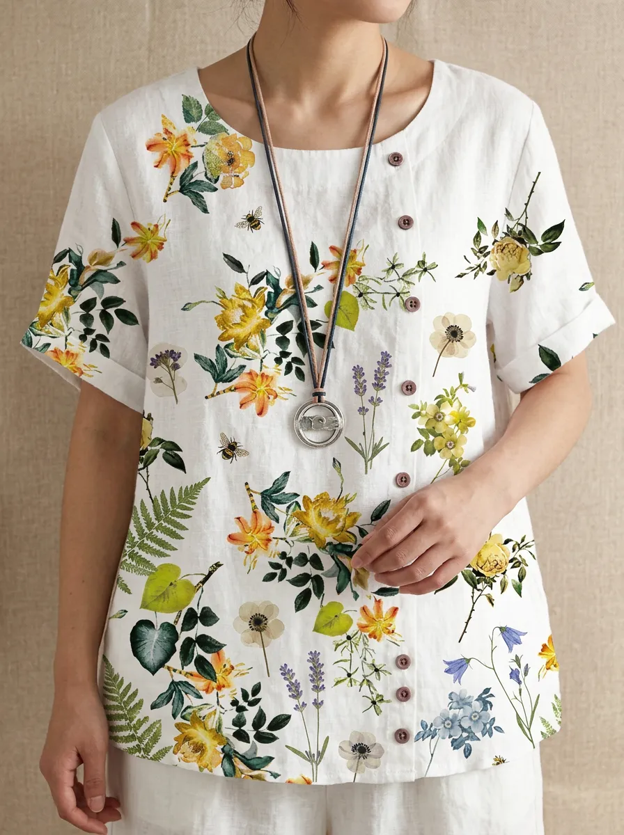 Women's Nashville Botanical Bee Floral Printed Linen Shirt