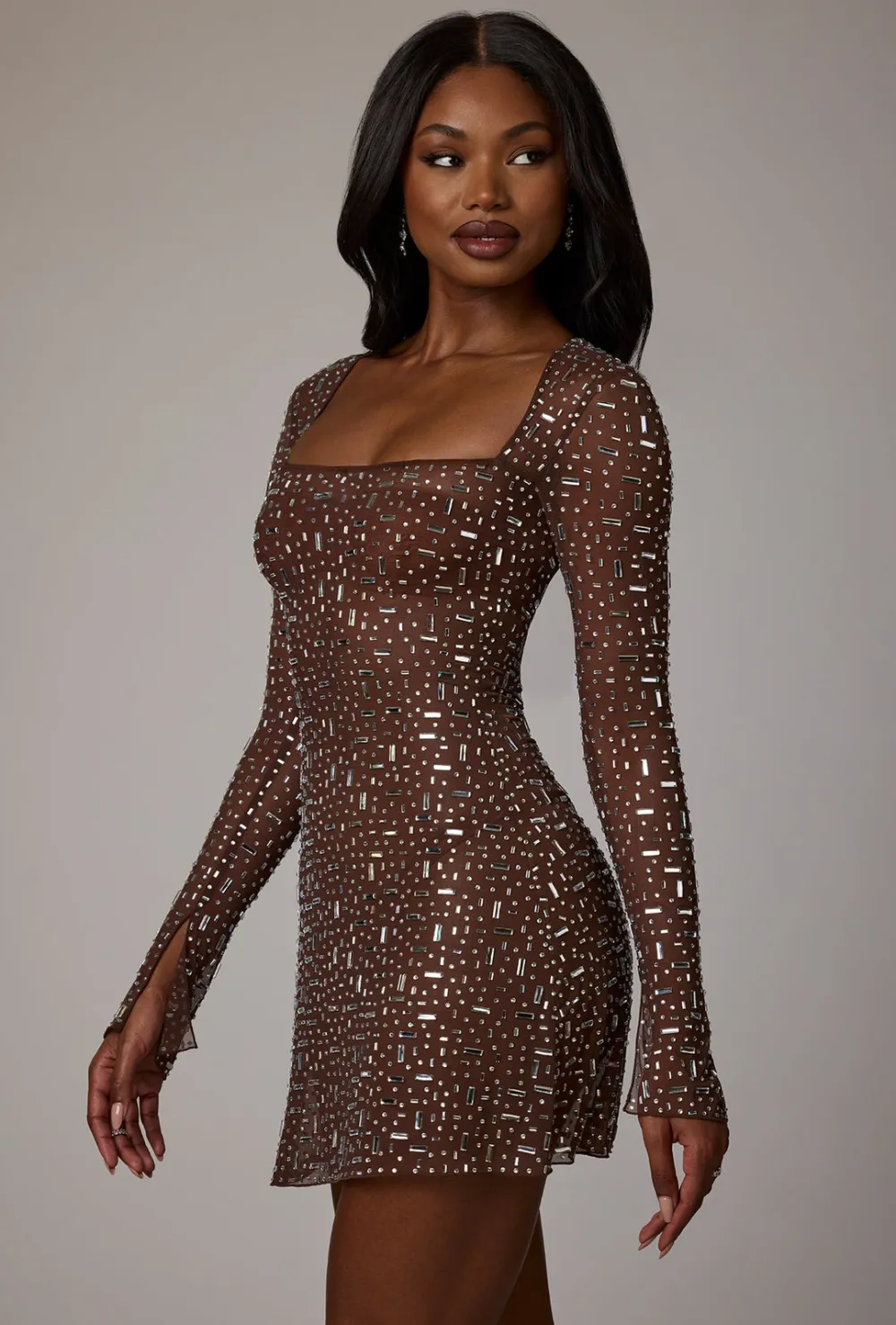 Sheer Embellished Long Sleeve A-Line Mini Dress - Almond