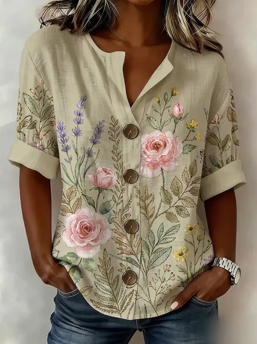Women's Nashville Floral Rose Lavender Printed Button-Up Shirt
