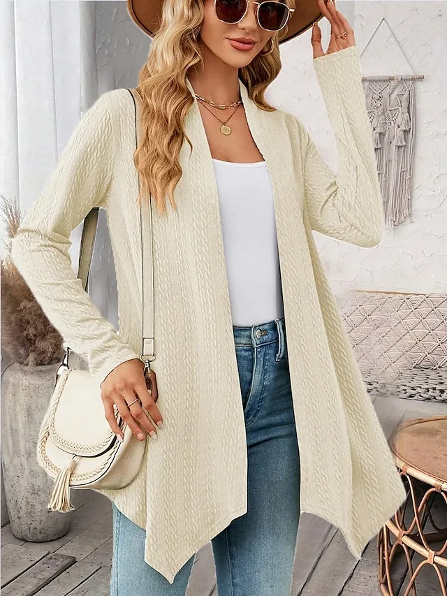 Women's Cardigan Open Front Waffle Knit Asymmetric Hem Spring Fall Daily Elegant Casual Long Sleeve Solid Color Plain Pink Green