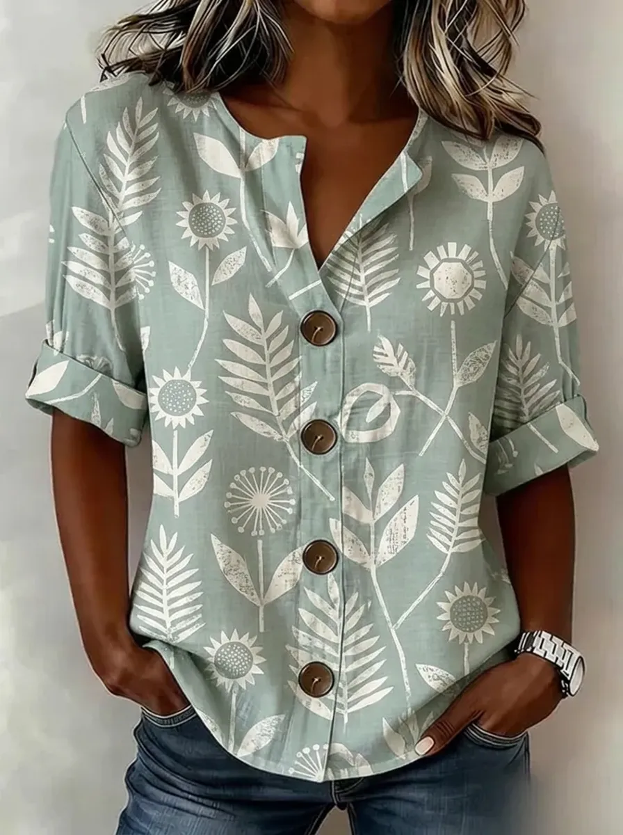 Women's Nashville Floral Botanical Printed Button-up Shirt