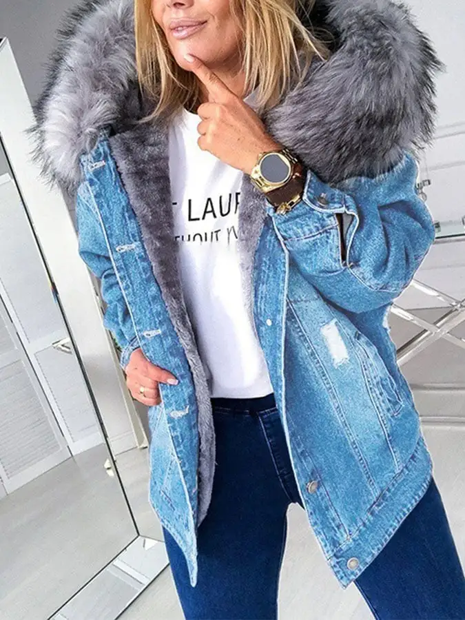 Women'S Big Fur Collar Denim Jacket Fashion Casual Jacket