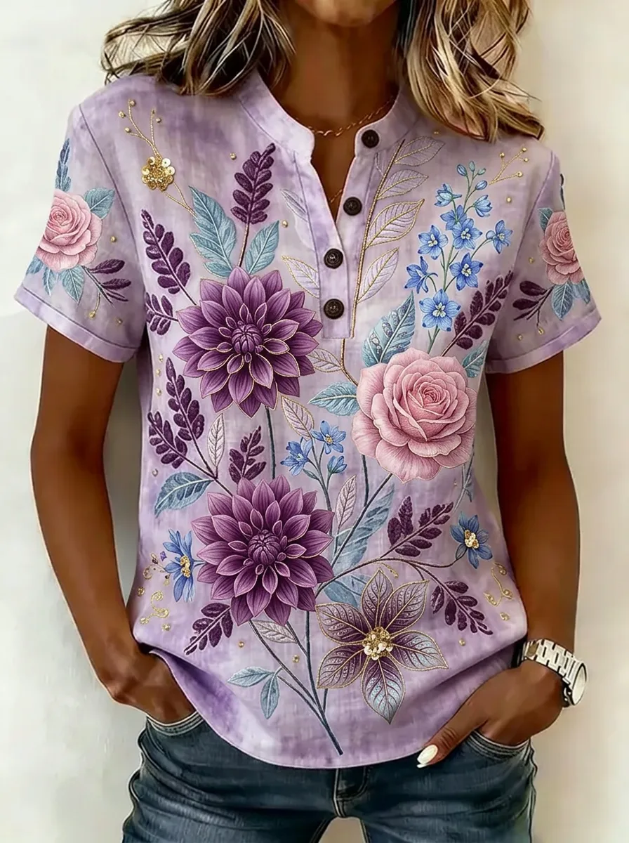 Women's Nashville Floral Dahlia Rose Printed Henley Shirt