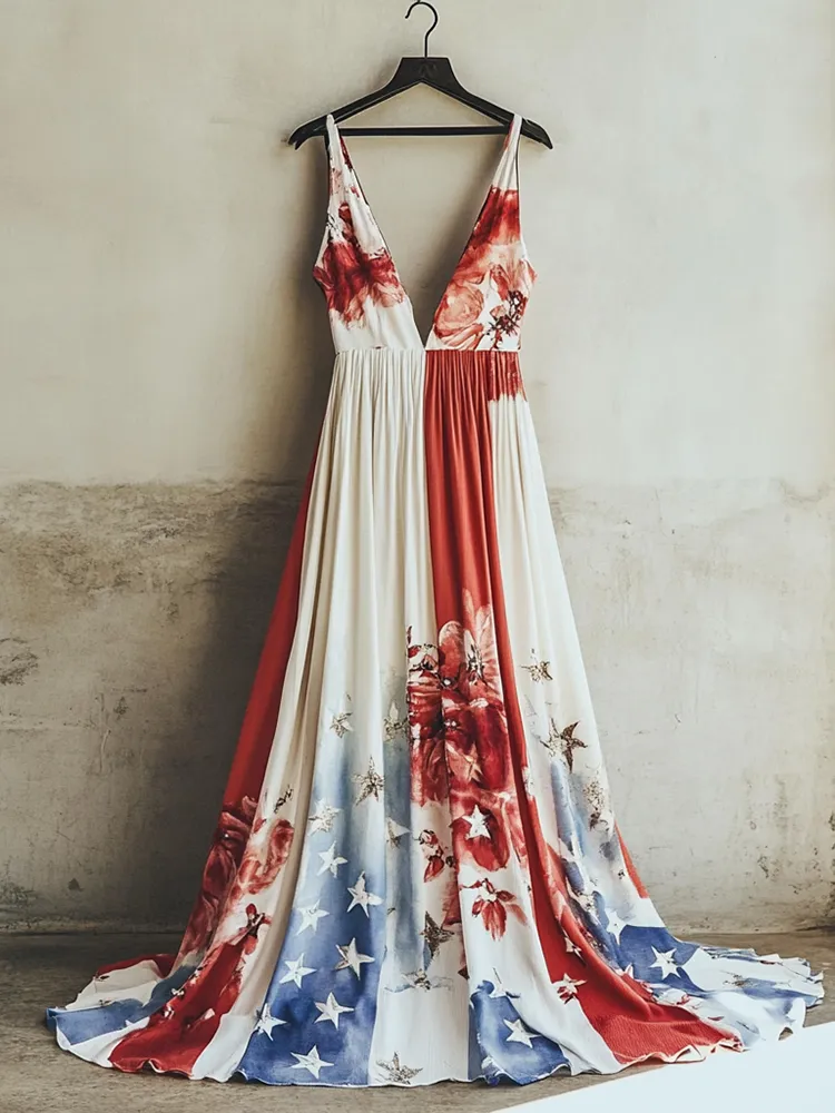 Women's Independence Day Floral Print Sleeveless Dress