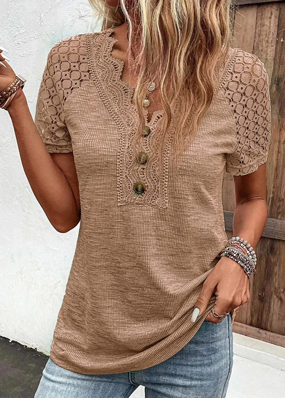 Dark Camel Lace Short Sleeve T Shirt