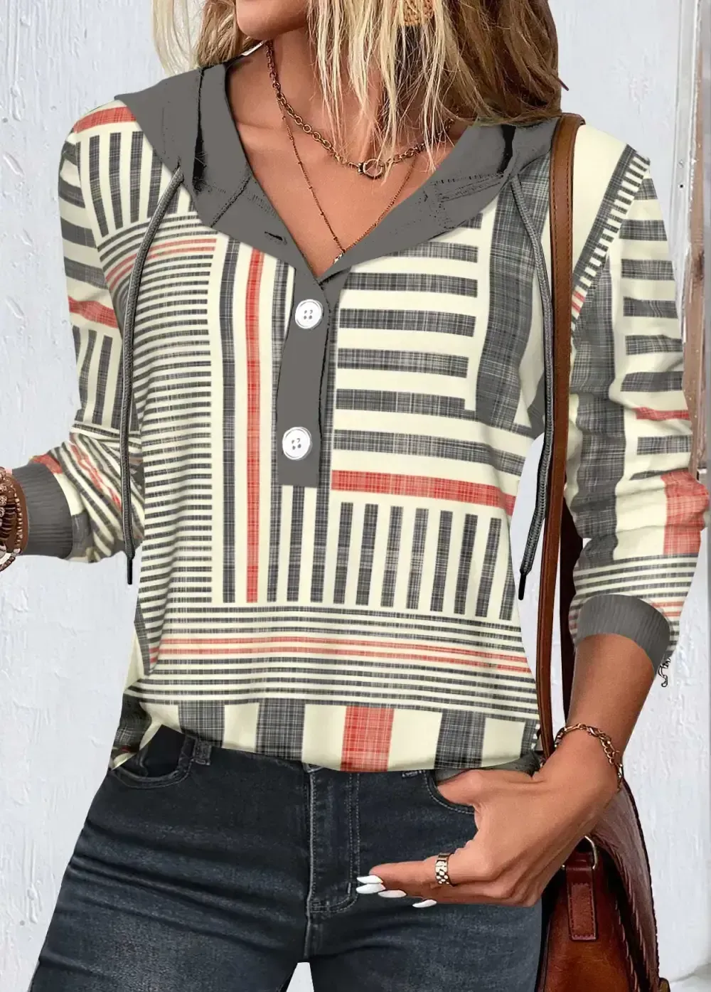 Multi Color Button Geometric Print Long Sleeve Hoodie