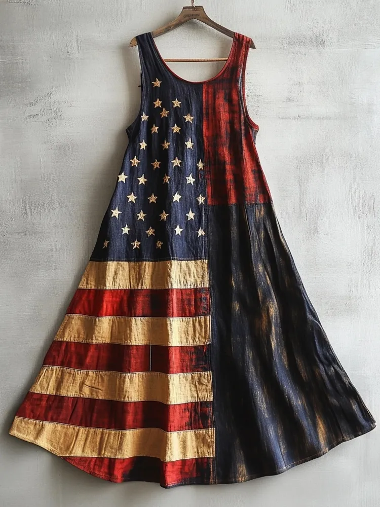 Retro American Flag Patchwork Linen Tank Dress