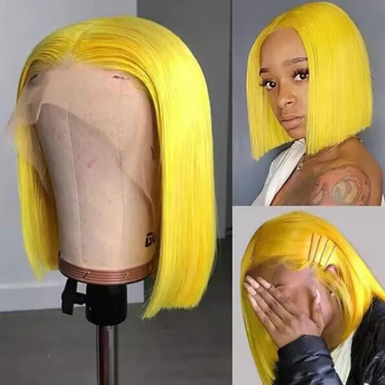 Sterly Yellow Wig Straight Short Bob Human Hair 13x4 Transparent Lace Front Wig