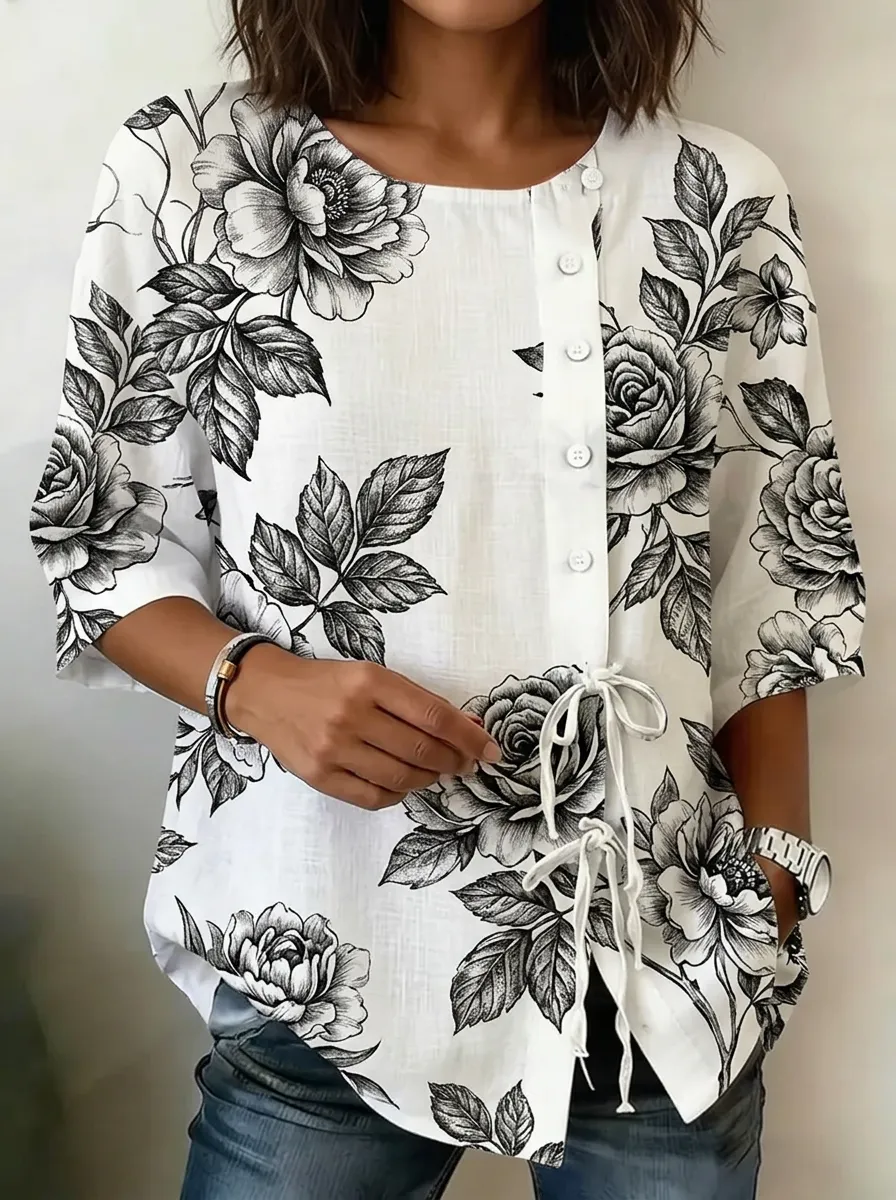 Women's Nashville Floral Rose Printed Button-Down Linen Top