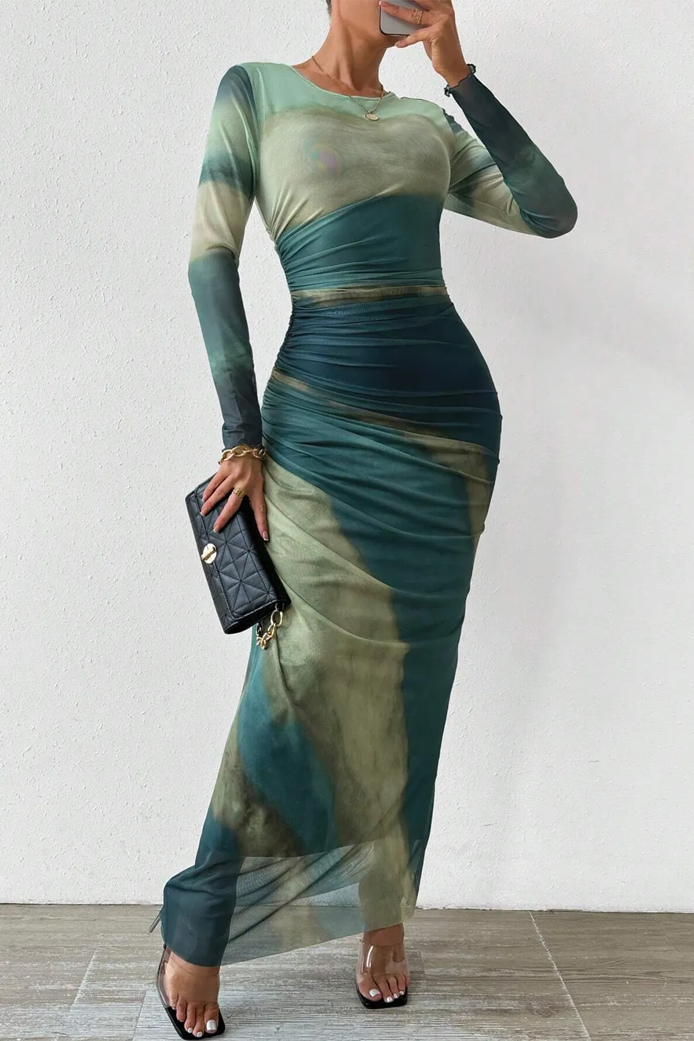 Women's Tie Dye Long Sleeve Pleated Dress Multicolor